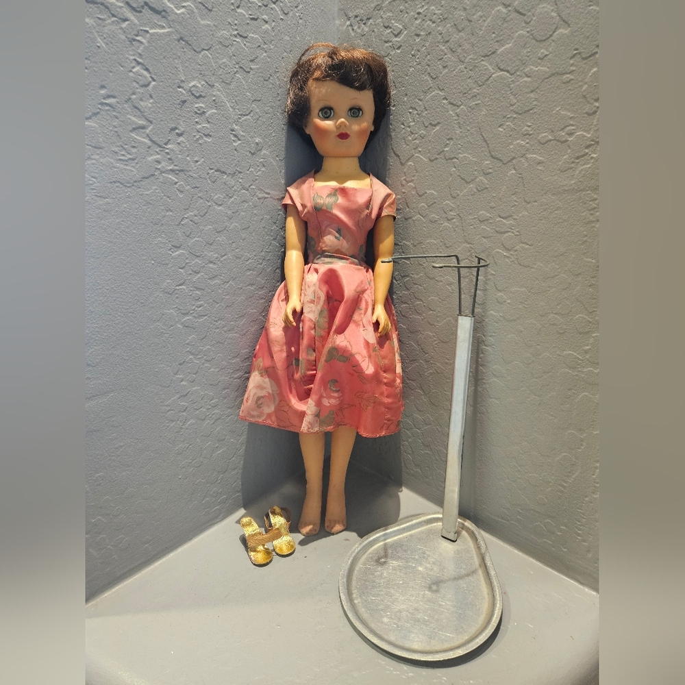 24" Vintage Rubber Vinyl Body Doll 40s 50s 60s Complete with Shoes and Stand